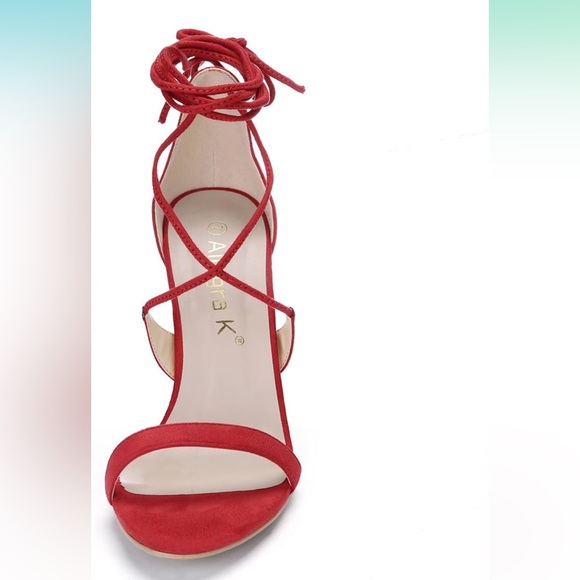 Red Stiletto Open Toe Heels With Strappy Tie Up Laces - Size 7 US - Picture 3 of 13